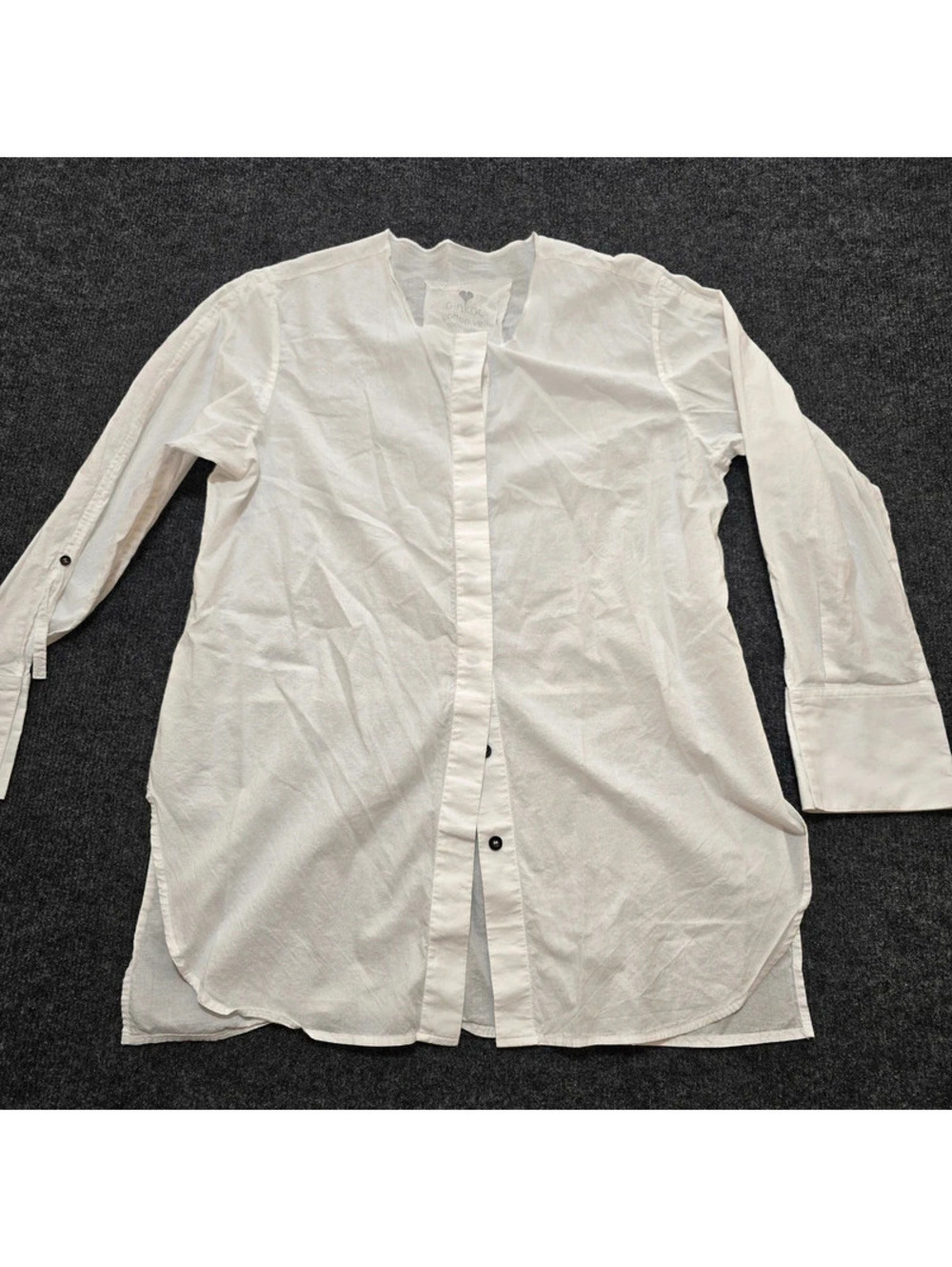 Ginkgo Cotton Veil Tunic Shirt XL White Long Sleeve Button Up Roll Hem Side Slit